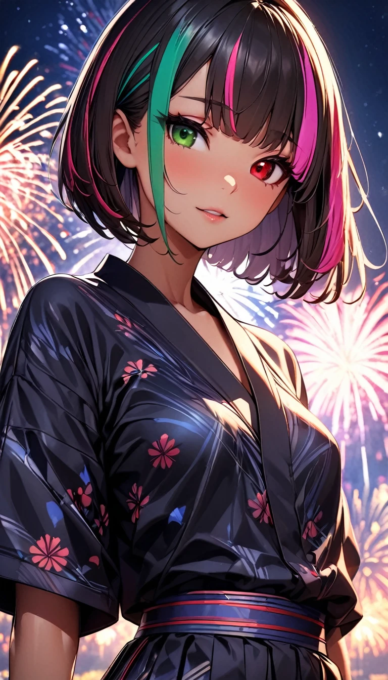 (highest quality:1.2, Very detailed, up to date, Vibrant, Ultra-high resolution, High Contrast, masterpiece:1.2, highest quality, Best aesthetics), Portraiture、girl、solo, (25-years-old:1), slim, , heterrochromia, green eye, red eye, (traditional yukata:1), Bright colors、Beautiful fine details、Beautiful lip detail、extra short hair, ((bob cut:1.5))、pink and purple, ((streaked hair:1.9)), (highlights hair: 1.6), (small breast:1.3), (tan skin:0.7), There is a galaxy in the dark night sky, (Splendid fireworks bloom in the dark night sky),(Masterpiece fireworks),(Colorful fireworks explode in the sky), Fireworks large and small, cowboy shot:1