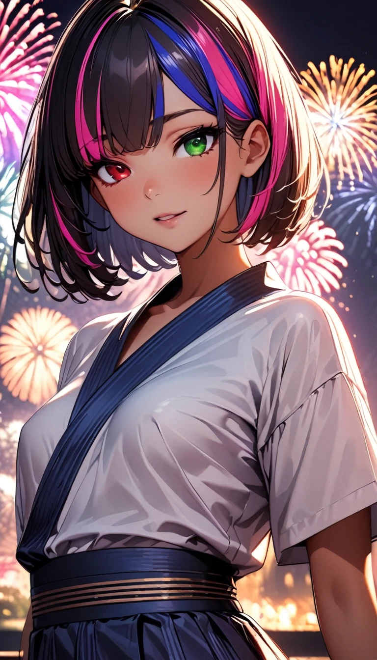 (highest quality:1.2, Very detailed, up to date, Vibrant, Ultra-high resolution, High Contrast, masterpiece:1.2, highest quality, Best aesthetics), Portraiture、girl、solo, (25-years-old:1), slim, , heterrochromia, green eye, red eye, (traditional yukata:1), Bright colors、Beautiful fine details、Beautiful lip detail、extra short hair, ((bob cut:1.5))、pink and purple, ((streaked hair:1.9)), (highlights hair: 1.6), (small breast:1.3), (tan skin:0.7), There is a galaxy in the dark night sky, (Splendid fireworks bloom in the dark night sky),(Masterpiece fireworks),(Colorful fireworks explode in the sky), Fireworks large and small, cowboy shot:1
