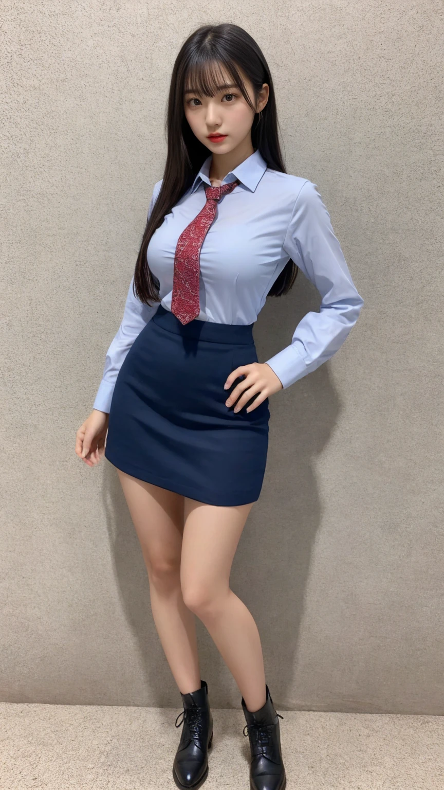 Japanese Girls, 20-year-old women, Perfect figure, Transparency, Big Breasts, , Navy blue tie, Navy Blue Skirt, Light blue shirt, idol carving、Full body photo