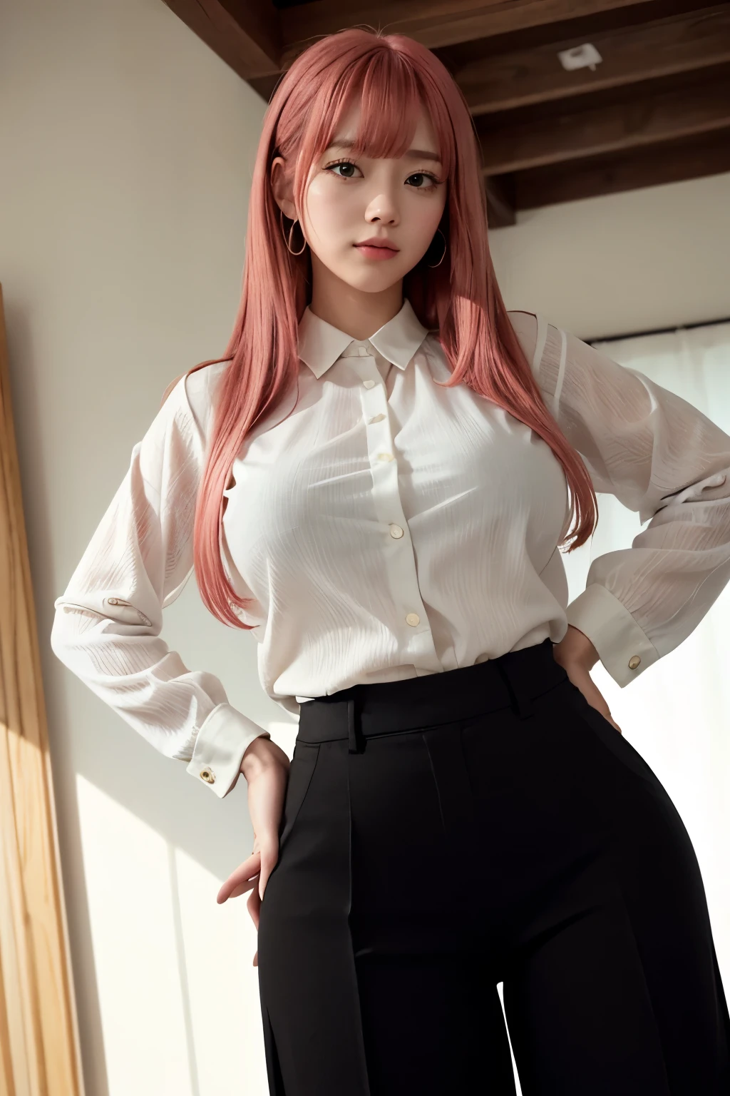 Highest quality、Ultra-high resolution、RAW shooting、Professional Lighting、Detailed Background、coastal、Full Body、Makima、25-year-old female、(High tone cherry pink hair)+(Long Hair)+(bangs)、(Yellow Eyes)、White see-through shirt,(Black trousers:1.5)、Huge breasts that look like they might burst、Modest abdominal muscles、Big Ass、Big thighs、A sloppy smile、Close your mouth、(Sweaty skin)、