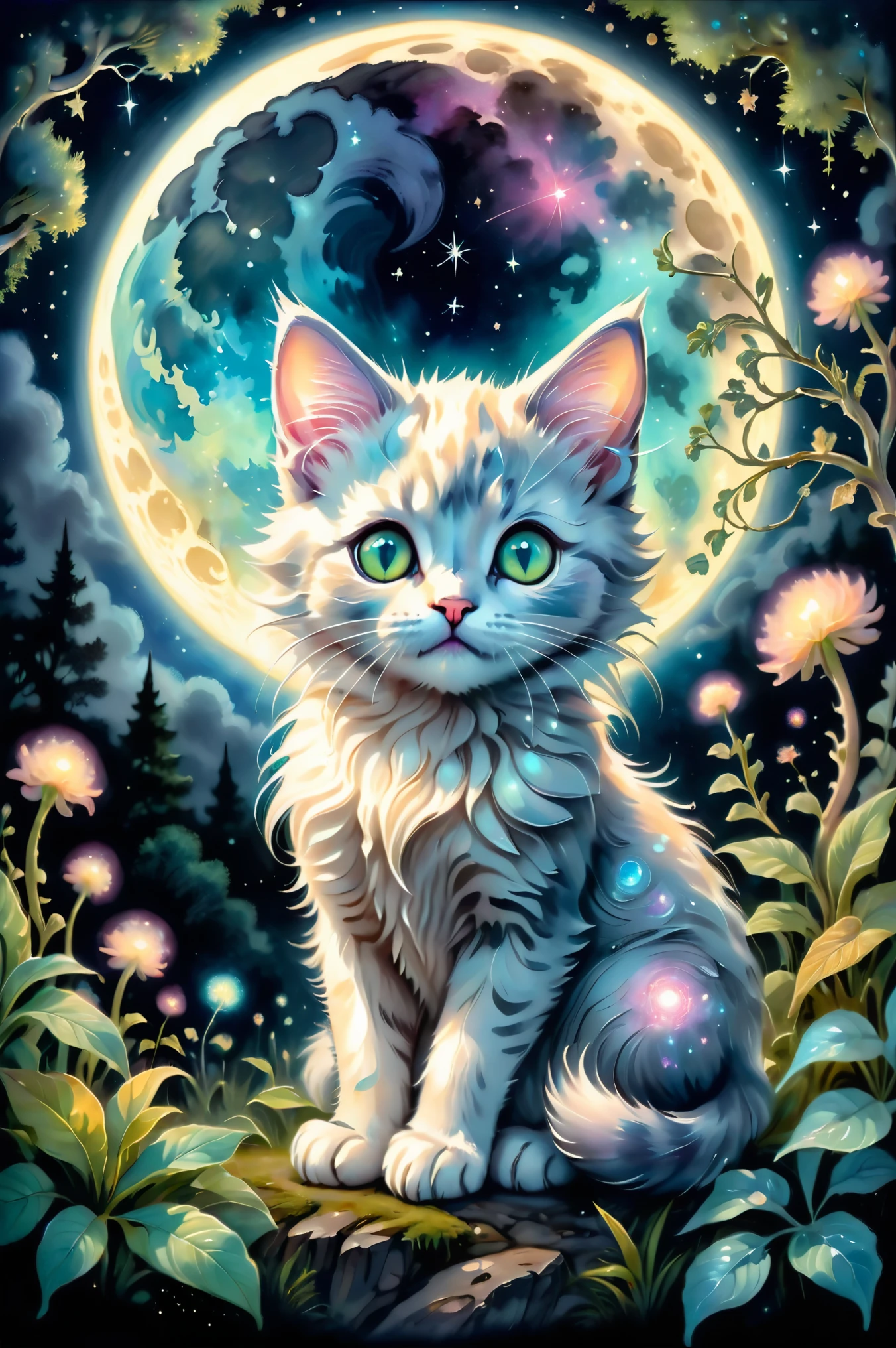 Ultra detailed illustration of a cute fluffy kitten sitting in a moonlit glade, Starry Sky, The moon lost in a strange and magical world, Shine, Luminescent plants, Very detailed, pastel colour, Hand drawn strokes, visible stroke, Oil paints, art：MSchiffer, night, Bioluminescence, Style - Nebula, Artistic style watercolor sketch, Big Strokes, Finishing with ink, Fine Lines