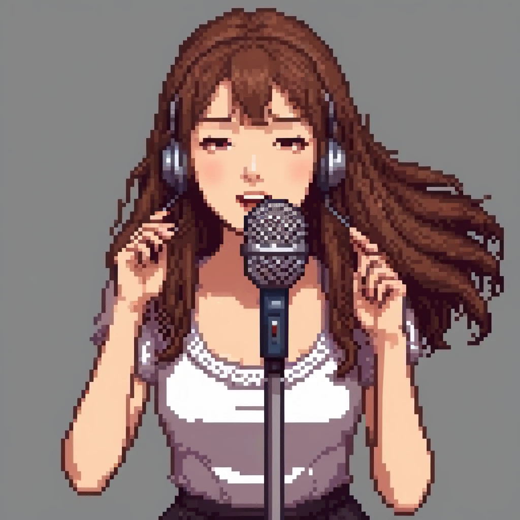 (pixel art:1.5)(masterpiece:1.0),(best_quality:1.0),ultra high res,absurdres,ultra-detailed,no background, brown hair, singing, solo girl, with a mic in hand