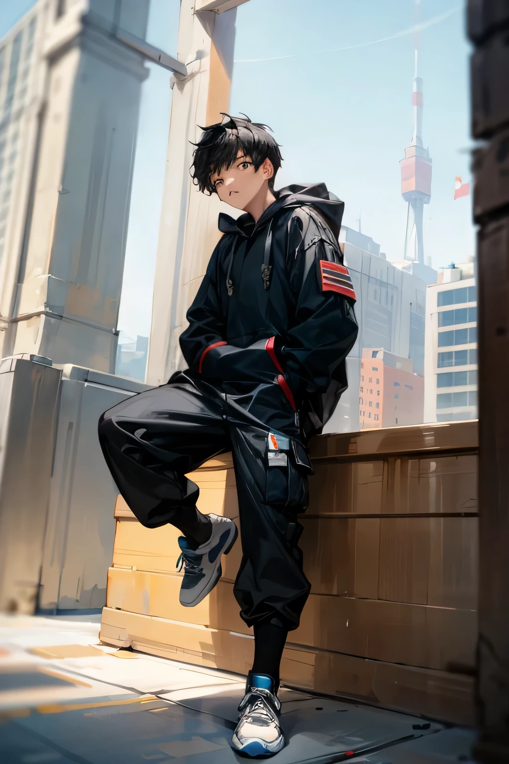 ((best quality)), ((masterpiece)), (detailed), 1 boy , black hoodie,black cargo pants black air jordans