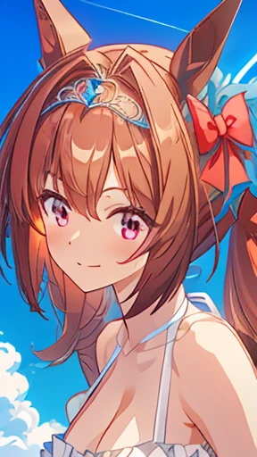 (((masterpiece, Highest quality, High resolution, 超High resolution, Pixel Perfect, Written boundary depth, 4K, RTTX 10.0, High resolution))), One Girl, smile, Very large breasts, Brown Hair, Long Hair, Twin tails, (Red eyes:1), clavicle, White Bikini, belly button, Side tie bikini, (sexy), Beach, Ocean, blue sky, Show Viewer, {{Very delicate and beautiful}}, Highly detailed CG Unity 8K wallpapers, (Shiny Hair:1.2), (Glowing Skin:1.5),