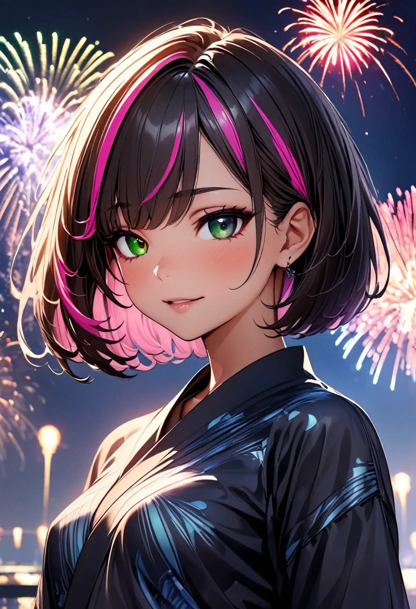 (highest quality:1.2, Very detailed, up to date, Vibrant, Ultra-high resolution, High Contrast, masterpiece:1.2, highest quality, Best aesthetics), Portraiture、girl、solo, (25-years-old:1), slim, , heterrochromia, green eye, red eye, (traditional yukata:1), Bright colors、Beautiful fine details、Beautiful lip detail、extra short hair, ((bob cut:1.5))、pink and purple, ((streaked hair:1.9)), (highlights hair: 1.6), (small breast:1.3), (tan skin:0.7), There is a galaxy in the dark night sky, (Splendid fireworks bloom in the dark night sky),(Masterpiece fireworks),(Colorful fireworks explode in the sky), Fireworks large and small, cowboy shot:1.5