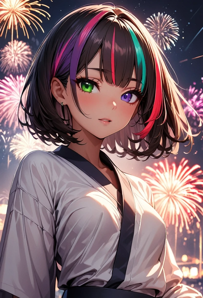 (highest quality:1.2, Very detailed, up to date, Vibrant, Ultra-high resolution, High Contrast, masterpiece:1.2, highest quality, Best aesthetics), Portraiture、girl、solo, (25-years-old:1), slim, , heterrochromia, green eye, red eye, (traditional yukata:1), Bright colors、Beautiful fine details、Beautiful lip detail、extra short hair, ((bob cut:1.5))、pink and purple, ((streaked hair:1.9)), (highlights hair: 1.6), (small breast:1.3), (tan skin:0.7), There is a galaxy in the dark night sky, (Splendid fireworks bloom in the dark night sky),(Masterpiece fireworks),(Colorful fireworks explode in the sky), Fireworks large and small, cowboy shot:1.5