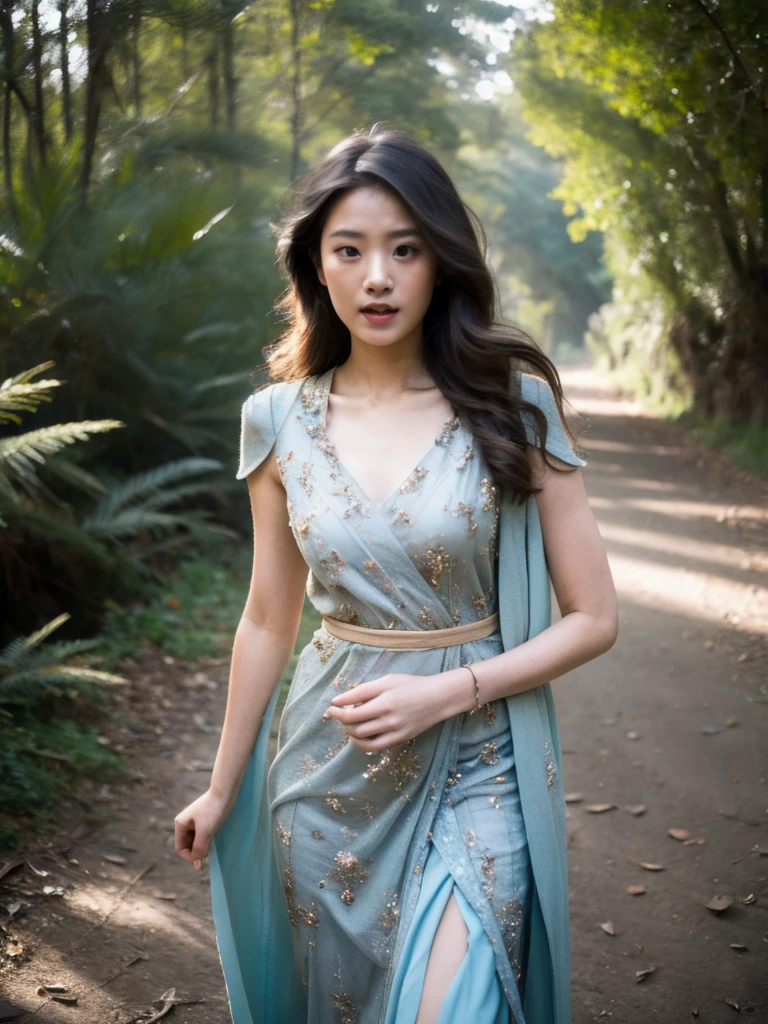 ((RAW,35mm)),((Masterpiece)),Ultra Realistic full frame half bare body photo, forest peril fallen out-cold paralyzed helpless on ground,beautiful brunette long wavy hair asian princess(oblong face,slim,height 180cm,34-24-34 body ratio,natural round chest),wearing majestic royal embroidery gown,long cape),intricate,detailed.[erotic dead body][falls gracefully][torn dress][revealing][eyes closed][open mouth][macabre], sharp image, UHD,8k