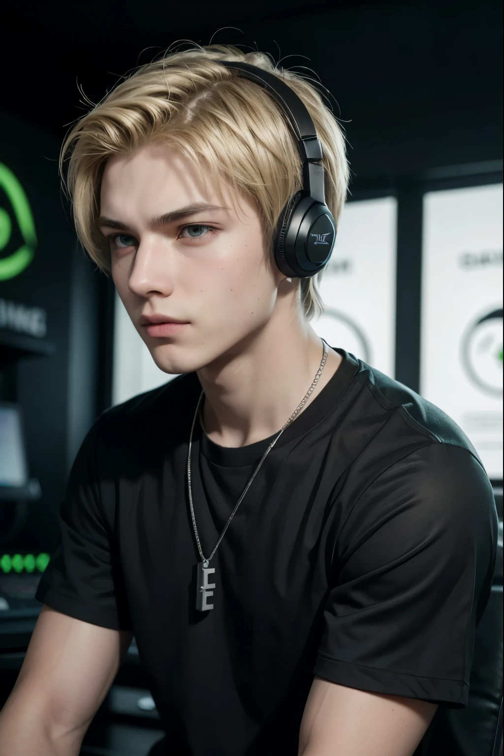 "A 17-year-old Caucasian boy with short, tousled blonde hair, dressed in a fitted black T-shirt featuring a detailed Yasuo design from League of Legends. He wears a sleek green Razer headset with a subtle glow and a silver necklace with a Pain Gaming logo pendant. His expression is focused and slightly smiling, capturing a sense of enthusiasm and engagement. The background is neutral or blurred, emphasizing the boy and his gaming gear without additional distractions."