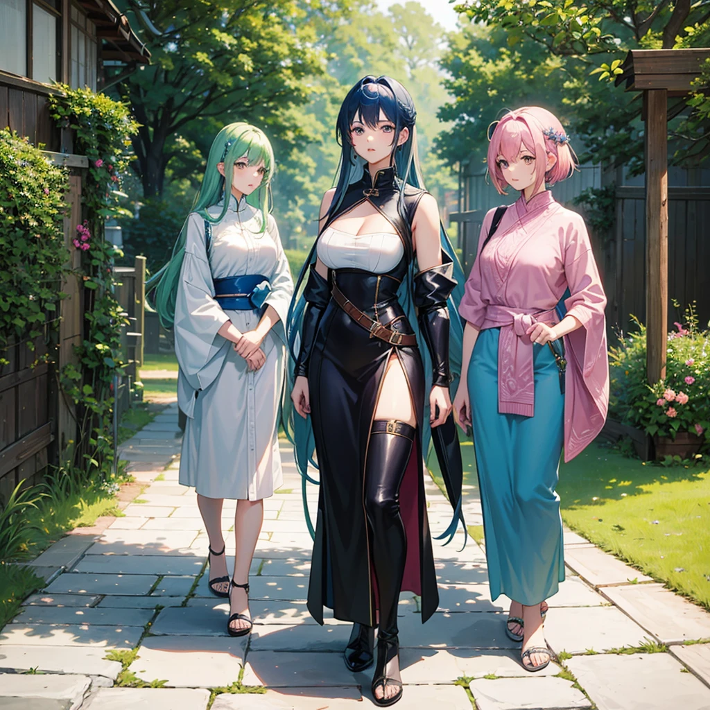 3 women、Three Sisters、Eldest daughter, green hair, long hair, ladylike, big breasts、Second daughter, blue hair, medium hair, strong sense of responsibility, normal chest、Third daughter: Pink hair, short hair, boyish, small breasts、leather armor、