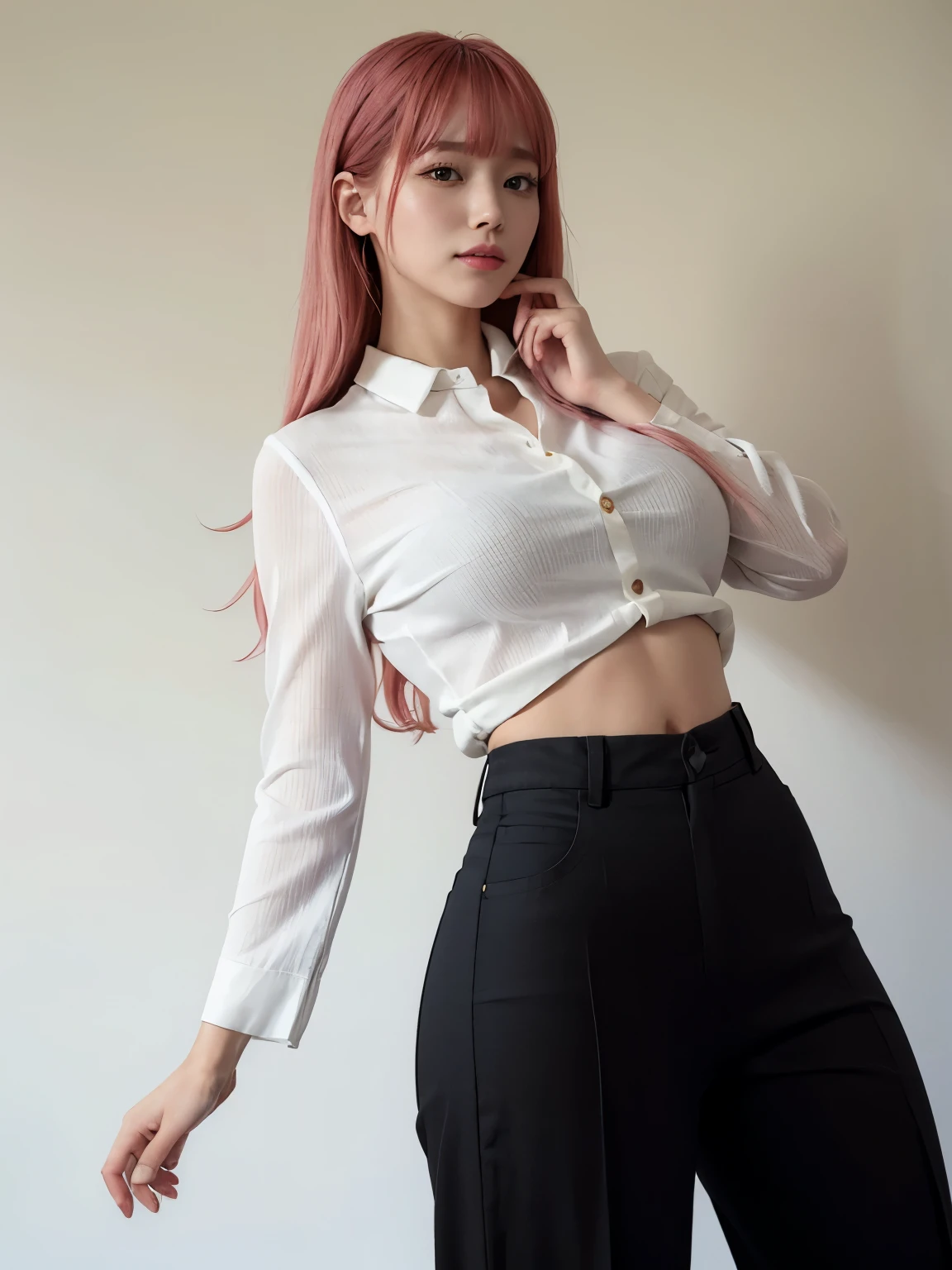 Highest quality、Ultra-high resolution、RAW shooting、Professional Lighting、Detailed Background、coastal、Full Body、Makima、25-year-old female、(High tone cherry pink hair)+(Long Hair)+(bangs)、(Yellow Eyes)、White see-through shirt,(Black trousers:1.5)、Huge breasts that look like they might burst、Modest abdominal muscles、Big Ass、Big thighs、A sloppy smile、Close your mouth、(Sweaty skin)、