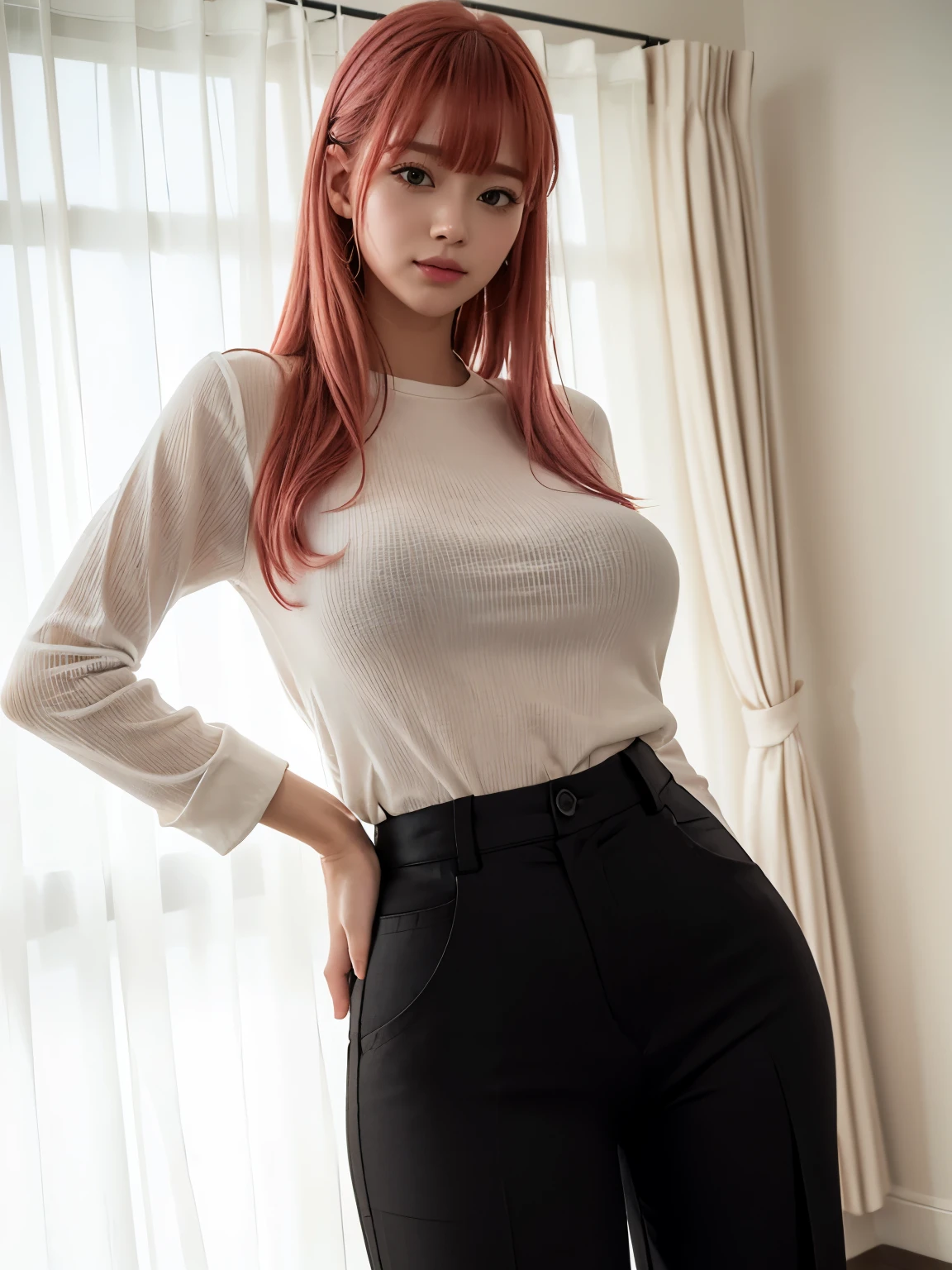 Highest quality、Ultra-high resolution、RAW shooting、Professional Lighting、Detailed Background、coastal、Full Body、Makima、25-year-old female、(High tone cherry pink hair)+(Long Hair)+(bangs)、(Yellow Eyes)、White see-through shirt,(Black trousers:1.5)、Huge breasts that look like they might burst、Modest abdominal muscles、Big Ass、Big thighs、A sloppy smile、Close your mouth、(Sweaty skin)、