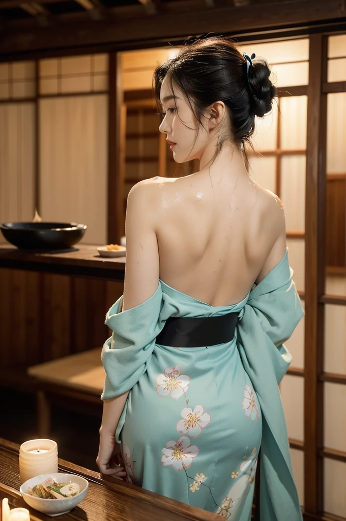 (((best quality))),(((ultra detailed))),(((masterpiece))),illustration,((1 beautiful Japannese girl,solo)),((slim,thin)),((shoulder off,strapless,bare back,towering hips,butt crack)),(in izakaya:1.3),(summer:1.2),(rainy:1.3),(indoor:1.2),(night scene:1.3),(wet:1.3),(cyan floral kimono:1.3),neat bun,porcelain skin,rouge,dimly lit,warm glow,ethereal,(standing beside the table:1.3),sake bottle,half-empty glass,tray,grilled fish,steamed vegetables,half-eaten,melancholic smile,storm,solitude,enigmatic aura,tranquility,chaos,simplicity,mysterious,captivating,((from back,upper body))