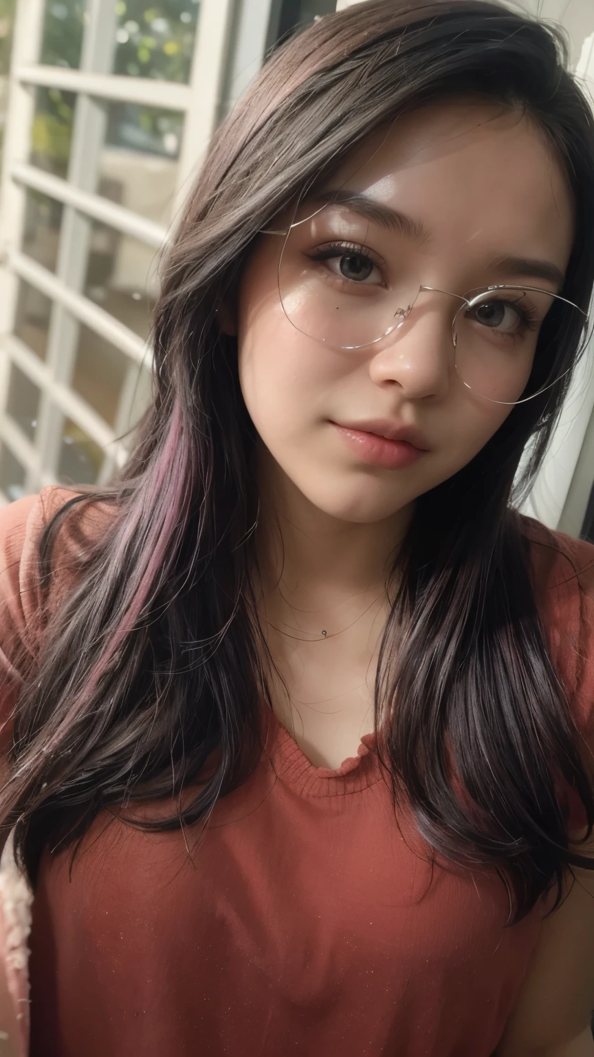 Put this girl with long black hair with pink highlights. Rock style