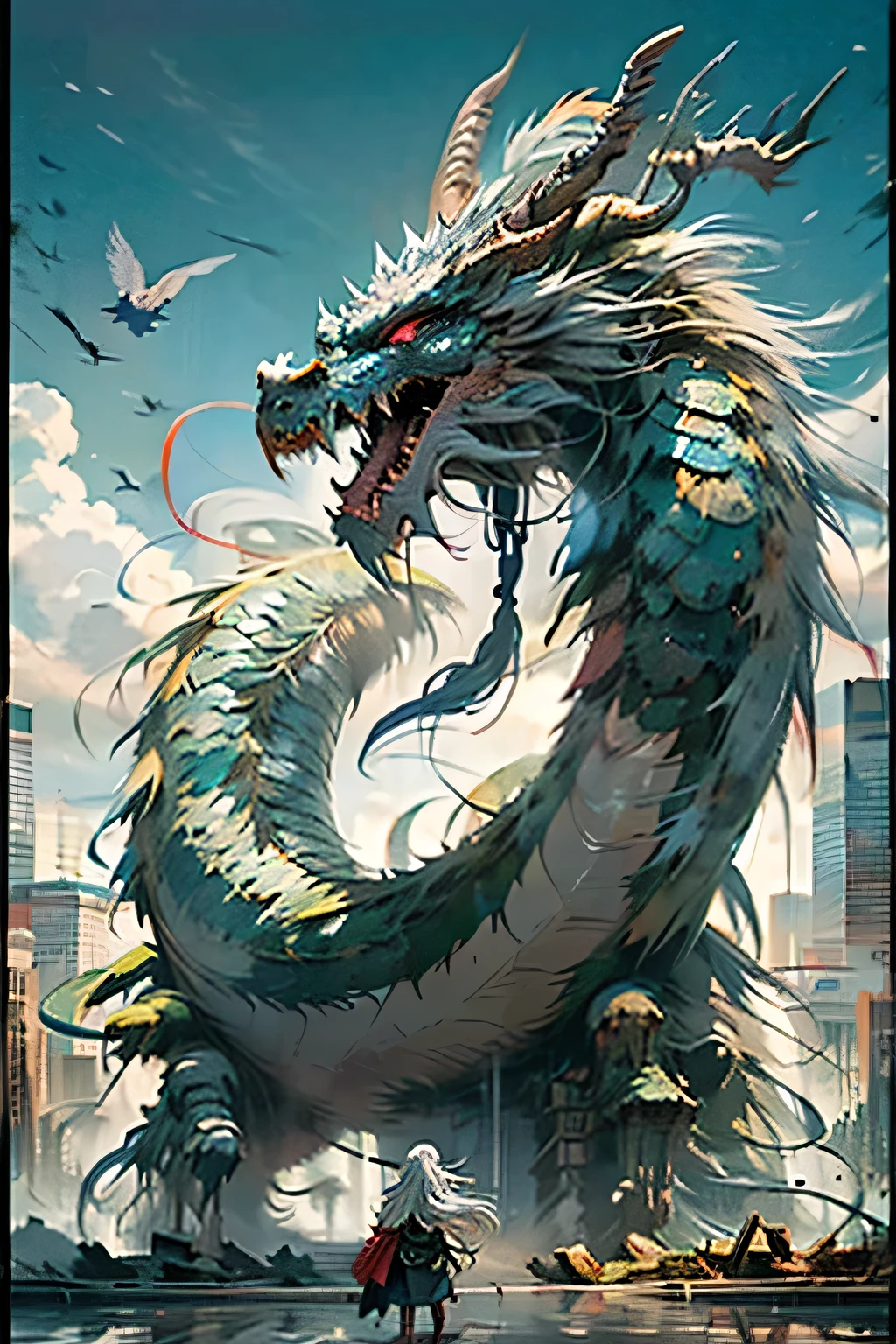 Highest quality,masterpiece,Ultra-high resolution,No, no, humans, (length:1.2),length hair, sharp teeth, Red eyes, teeth, Giant, One girl, bird, Outdoor, Are standing, scale, cloud, horn, From behind, armor, null, Open your mouth, monster, Size Difference, Gray Hair, building