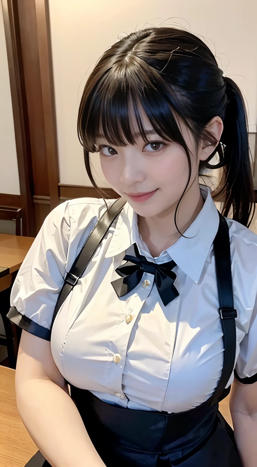 (Highest quality,masterpiece:1.3,Ultra-high resolution,),(Very detailed,Caustics),(Realistic:1.4,RAW shooting,)Ultra-Realistic Capture,Very detailed,High resolution 16K human skin closeup。 Natural skin texture、,pores、、、、It must be detailed enough to be easily identifiable。 Skin tone is even and healthy looking。 Use natural light and colour,restaurant,Waitress Uniform,1 girl,Japanese,18-year-old,cute,Black-haired,ponytail,Big Breasts,smile,Turn your body forward,(Front view:1.1),Looking into the camera,Cowboy Shot,