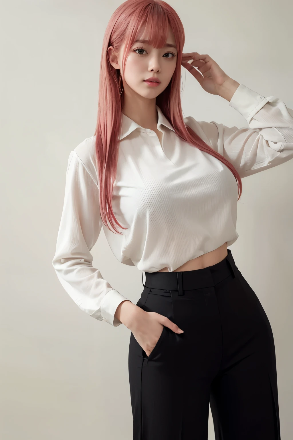 Highest quality、Ultra-high resolution、RAW shooting、Professional Lighting、Detailed Background、coastal、Full Body、Makima、25-year-old female、(High tone cherry pink hair)+(Long Hair)+(bangs)、(Yellow Eyes)、White see-through shirt,(Black trousers:1.5)、Huge breasts that look like they might burst、Modest abdominal muscles、Big Ass、Big thighs、A sloppy smile、Close your mouth、(Sweaty skin)、