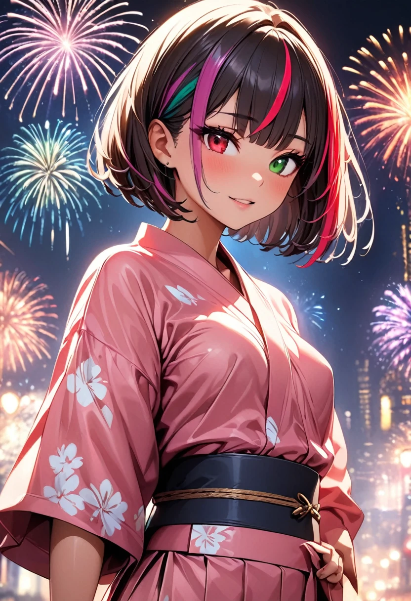 (highest quality:1.2, Very detailed, up to date, Vibrant, Ultra-high resolution, High Contrast, masterpiece:1.2, highest quality, Best aesthetics), Portraiture、girl、solo, (25-years-old:1), slim, , heterrochromia, green eye, red eye, (traditional yukata:1), pink yukata, flower print, thick obi, Bright colors、Beautiful fine details、Beautiful lip detail、extra short hair, ((bob cut:1.5))、pink and purple, ((streaked hair:1.9)), (highlights hair: 1.6), (small breast:1.3), (tan skin:0.7), There is a galaxy in the dark night sky, (Splendid fireworks bloom in the dark night sky),(Masterpiece fireworks),(Colorful fireworks explode in the sky), Fireworks large and small, cowboy shot:1.5
