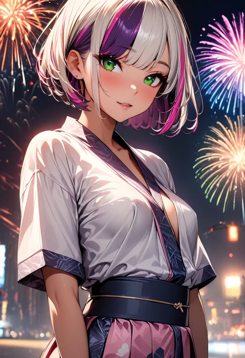 (highest quality:1.2, Very detailed, up to date, Vibrant, Ultra-high resolution, High Contrast, masterpiece:1.2, highest quality, Best aesthetics), Portraiture、girl、solo, (25-years-old:1), slim, , heterrochromia, green eye, red eye, (traditional yukata:1), pink yukata, flower print, thick obi, Bright colors、Beautiful fine details、Beautiful lip detail、extra short hair, ((bob cut:1.5))、pink and purple, ((streaked hair:1.9)), (highlights hair: 1.6), (small breast:1.3), (tan skin:0.7), There is a galaxy in the dark night sky, (Splendid fireworks bloom in the dark night sky),(Masterpiece fireworks),(Colorful fireworks explode in the sky), Fireworks large and small, cowboy shot:1.5