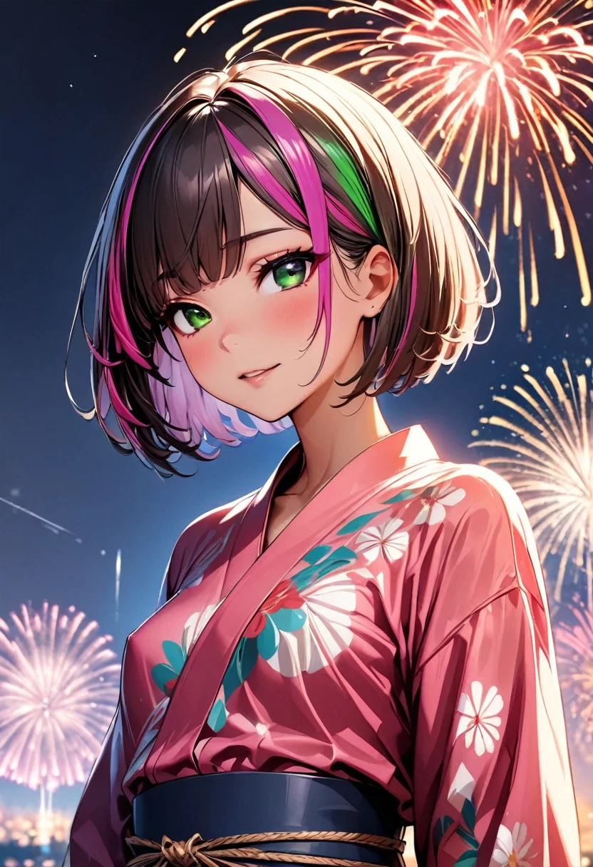 (highest quality:1.2, Very detailed, up to date, Vibrant, Ultra-high resolution, High Contrast, masterpiece:1.2, highest quality, Best aesthetics), Portraiture、girl、solo, (25-years-old:1), slim, , heterrochromia, green eye, red eye, (traditional yukata:1), pink yukata, flower print, thick obi, Bright colors、Beautiful fine details、Beautiful lip detail、extra short hair, ((bob cut:1.5))、pink and purple, ((streaked hair:1.9)), (highlights hair: 1.6), (small breast:1.3), (tan skin:0.7), There is a galaxy in the dark night sky, (Splendid fireworks bloom in the dark night sky),(Masterpiece fireworks),(Colorful fireworks explode in the sky), Fireworks large and small, cowboy shot:1.5