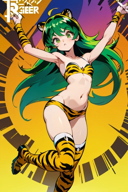 Urusei Yatsura、アグネス・Ram、bikini、(bikiniは虎柄).Small Corner、Eyeshadow Green、虎柄bikini、(It has small yellow horns on its head).Long Hair、No tiger ears needed、((Both arms、Tiger pattern arm cover)).(Tiger print boots)、Demon Horn、Drooping eyes、8k、(Double teeth).(Green eyes).(Urusei Yatsura).(Ram)、((No tiger ears)).((Small horn))