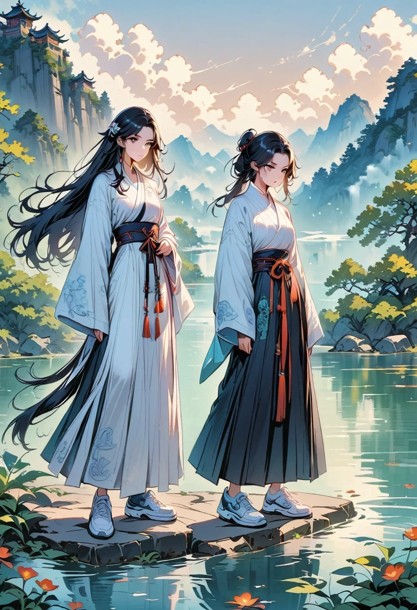 ((imagine)),((whole body)),(long black pony hair),Chinese Wudang style, Wearing luxurious Hanfu robes,Standing by the lake,White sockechanical ceramic shoes ,in the style of futuristic,cyberpunk,high detail
