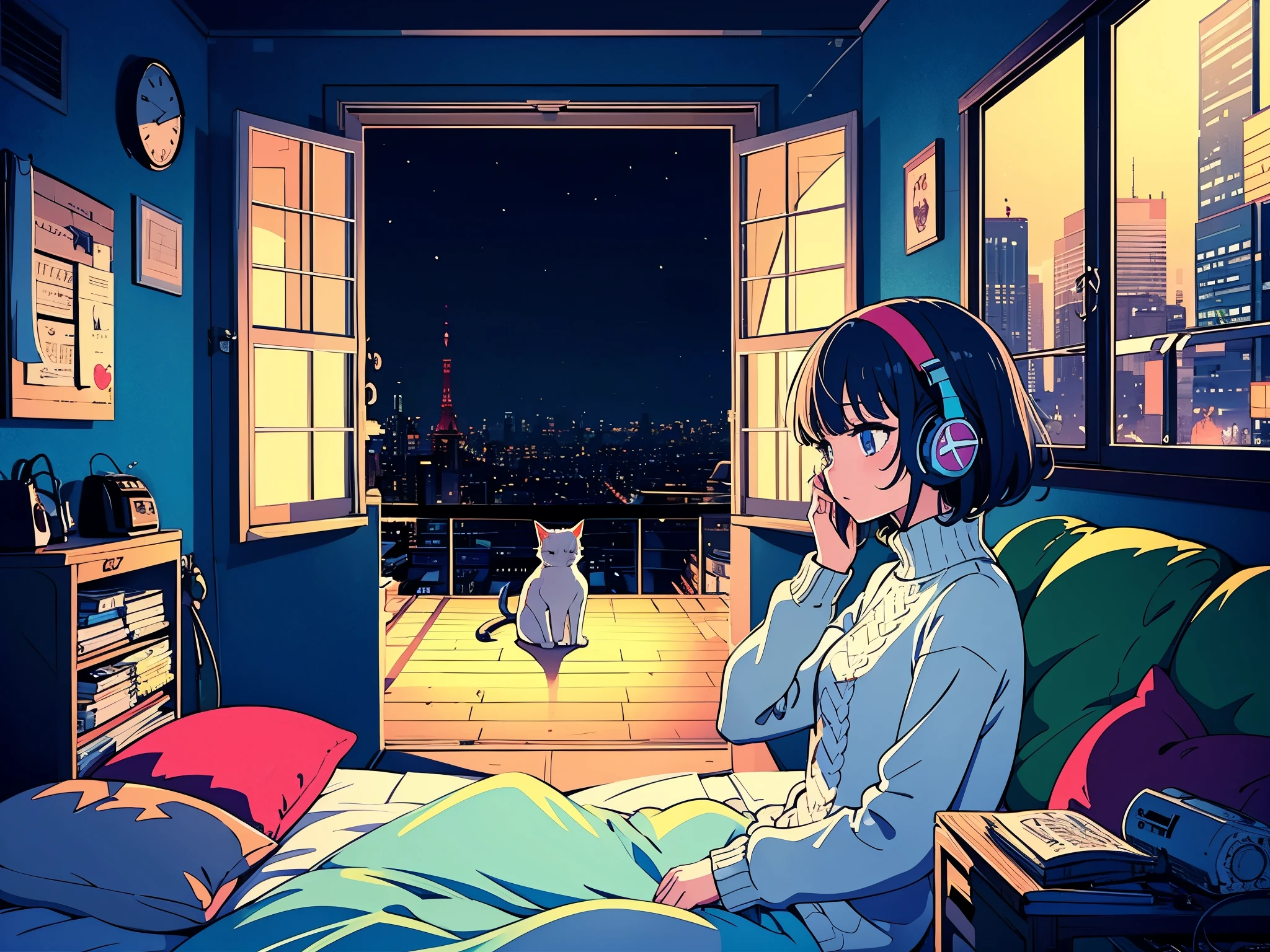 A detailed anime girl, wearing a large sweater, wearing headband headphones, lofi, tranquil, quiet vibes, chilling, in her bedroom looking at the window, night, quiet night, cat, masterpiece, best quality