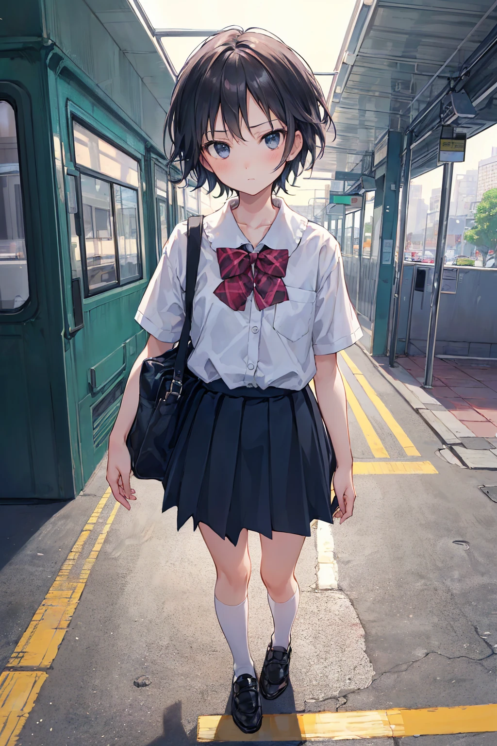 Portraiture, documentary, photograph, A girl is 13 years old gender-neutral middle school student with short black hair and , 疲れた表情でCommuting路を歩いている, short hair, , skirt, Commuting route, high quality, Realistic, Eye-level shot, Medium Shot, Front view, Natural light, Commuting,break,One girl, (alone, face,13 years old:1.5),, The charm of androgyny, (Very short hair), Flat Chest, Small Ass, Beautiful and exquisite black eyes, Disgusted Eyes,break,((最high quality,Anime Style, Very detailed,High resolution,Very detailedCG,unity 8k wallpaper,By famous artists,Perfect Anatomy,Very detailed肌,Cinema Lighting)),