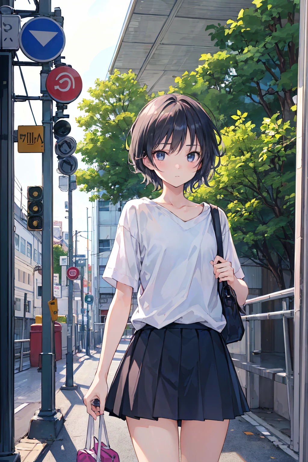 Portraiture, documentary, photograph, A girl is 13 years old gender-neutral middle school student with short black hair and , 疲れた表情でCommuting路を歩いている, short hair, , skirt, Commuting route, high quality, Realistic, Eye-level shot, Medium Shot, Front view, Natural light, Commuting,break,One girl, (alone, face,13 years old:1.5),, The charm of androgyny, (Very short hair), Flat Chest, Small Ass, Beautiful and exquisite black eyes, Disgusted Eyes,break,((最high quality,Anime Style, Very detailed,High resolution,Very detailedCG,unity 8k wallpaper,By famous artists,Perfect Anatomy,Very detailed肌,Cinema Lighting)),