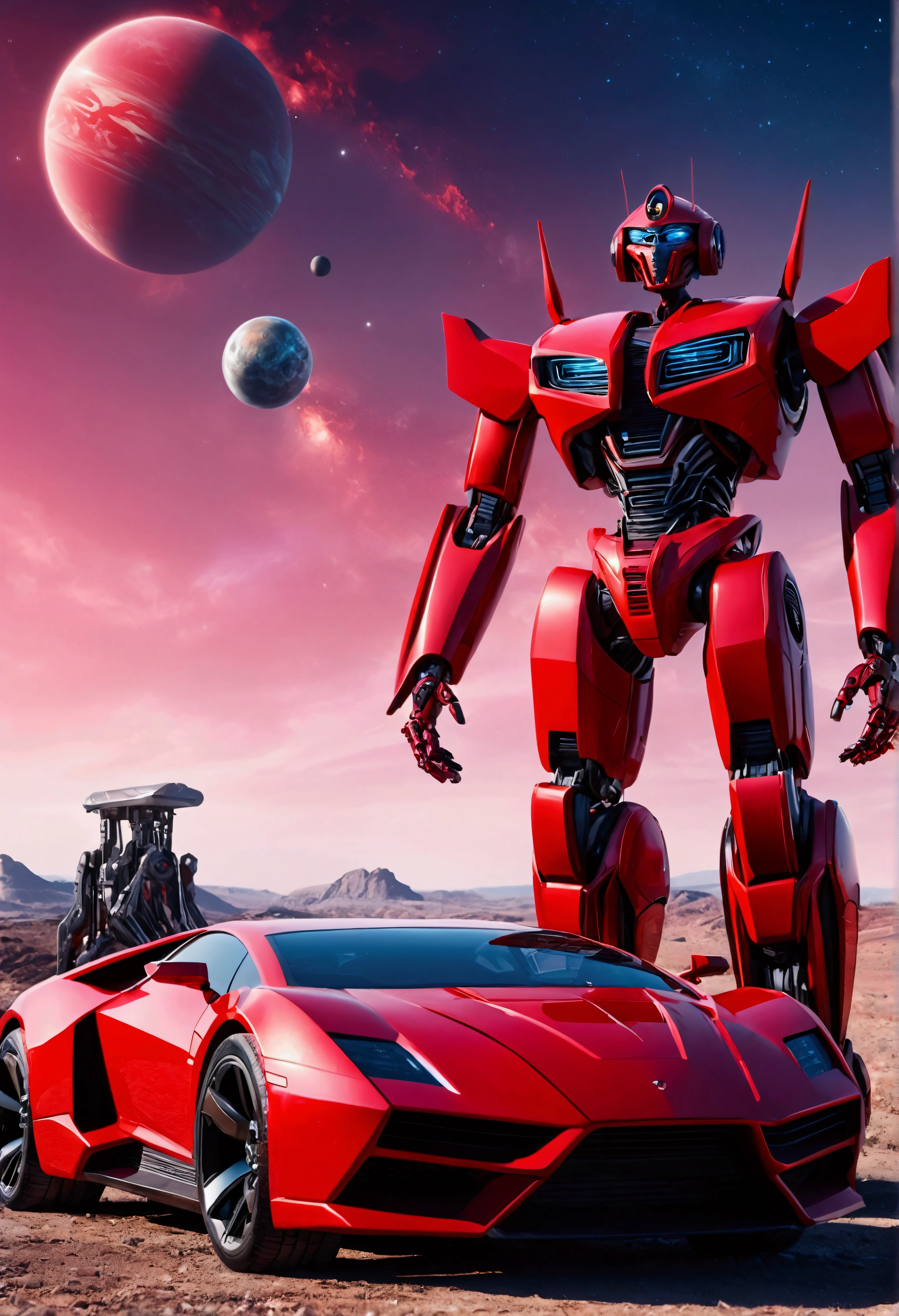 35mm film photography, A red robot transformer and a red futuristic car in a sci-fi landscape, with alien structures and planets in the sky. The robot has a sleek design and is interacting with holographic displays, giving a high-tech feel., high detail, split gradient colors background