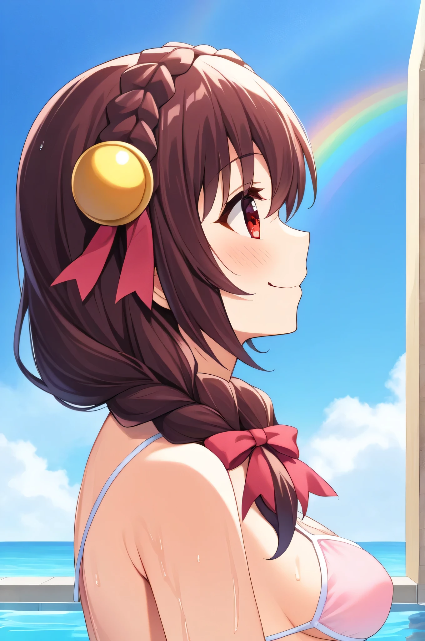alone, One girl, Yunyun、blush 、View your viewers, Crown braids of the same color as your hair, Red Eyes、hair ornaments, Hair Ribbon, (White and pink bikini)、Poolside、So wet、(smile:1.5)、(I see a rainbow:1.2)、profile、Side view