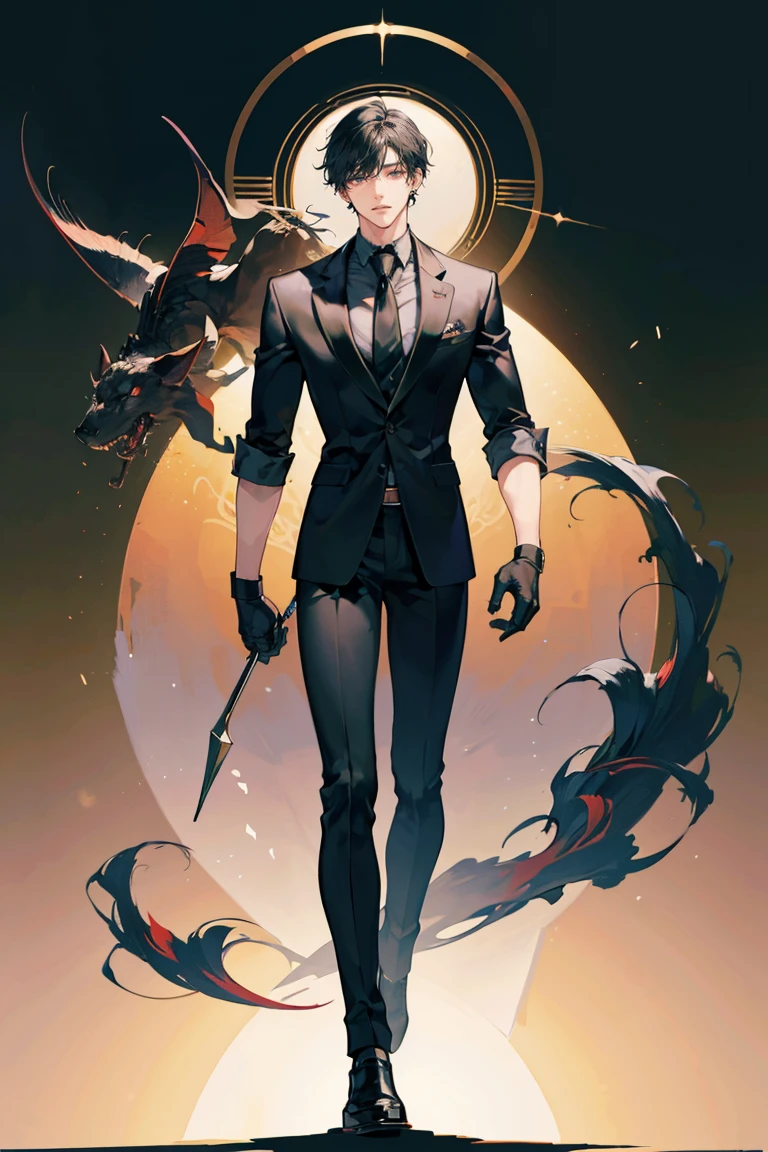 (masterpiece), best quality, seductive eyes, perfect face, handsome man, dark black eyes, messy short length black hair, brown skin, long nose, black polo, black necktie, black gloves, full body, he's a teacher, extremely tall man, long legs, long calves, anime cover, 1boy, ear piercings, adult-like look, standing, bad boy, manhwa character, art style of guweiz, male teacher