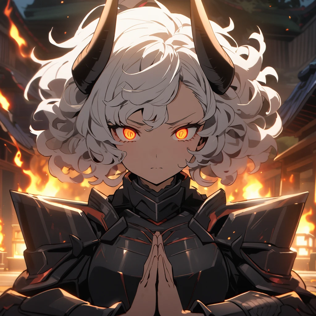 Meditation on a portable shrine. Short white hair, curly hair, horns, black armor, burning eyes, night