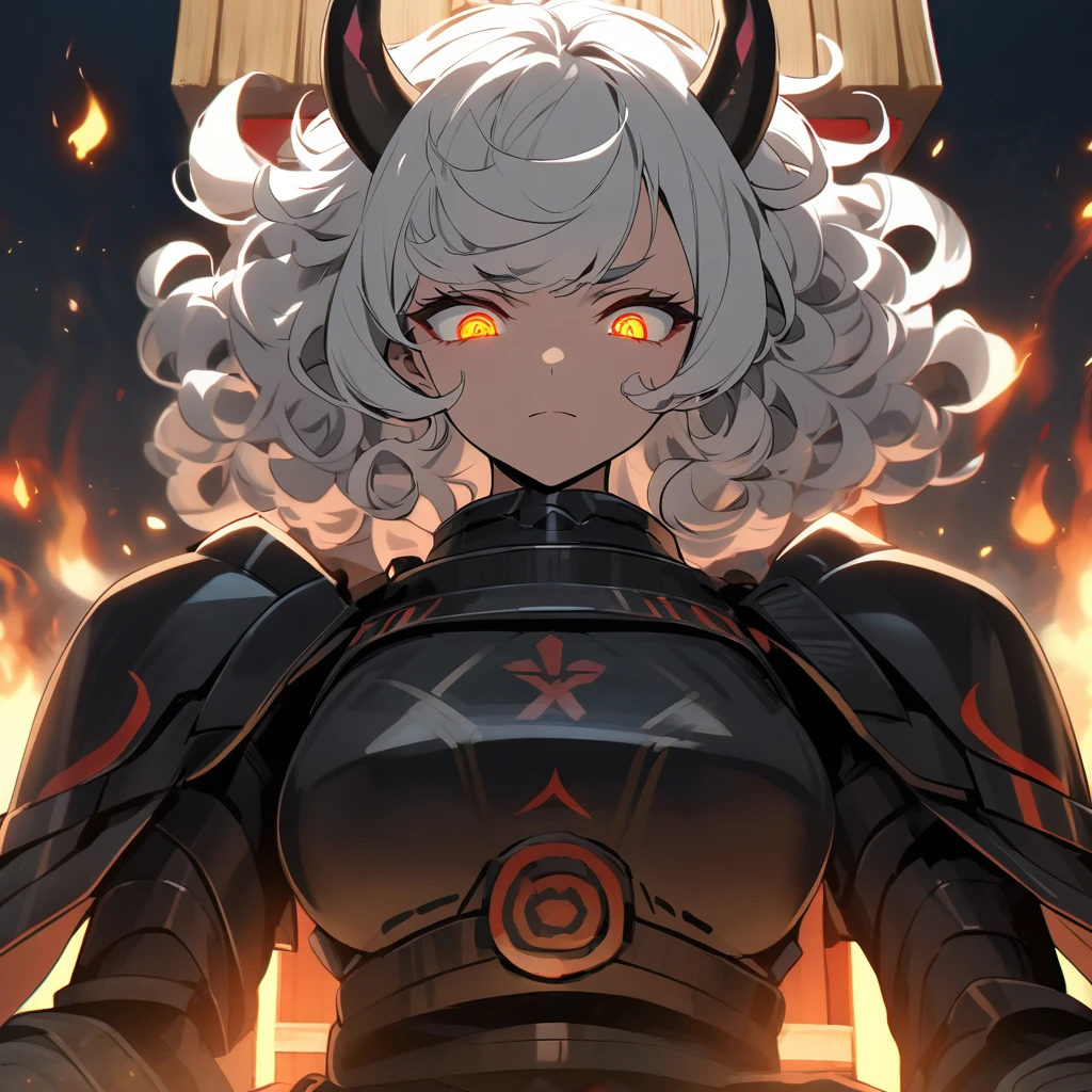 Meditation on a portable shrine. Short white hair, curly hair, horns, black armor, burning eyes, night