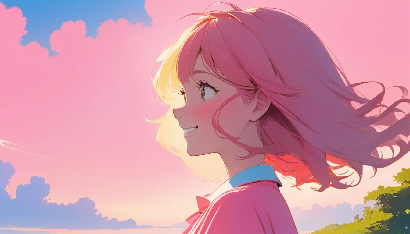 A lovely girl，Pink face，Smile，Profile，Watch the sky，Fresh color matching