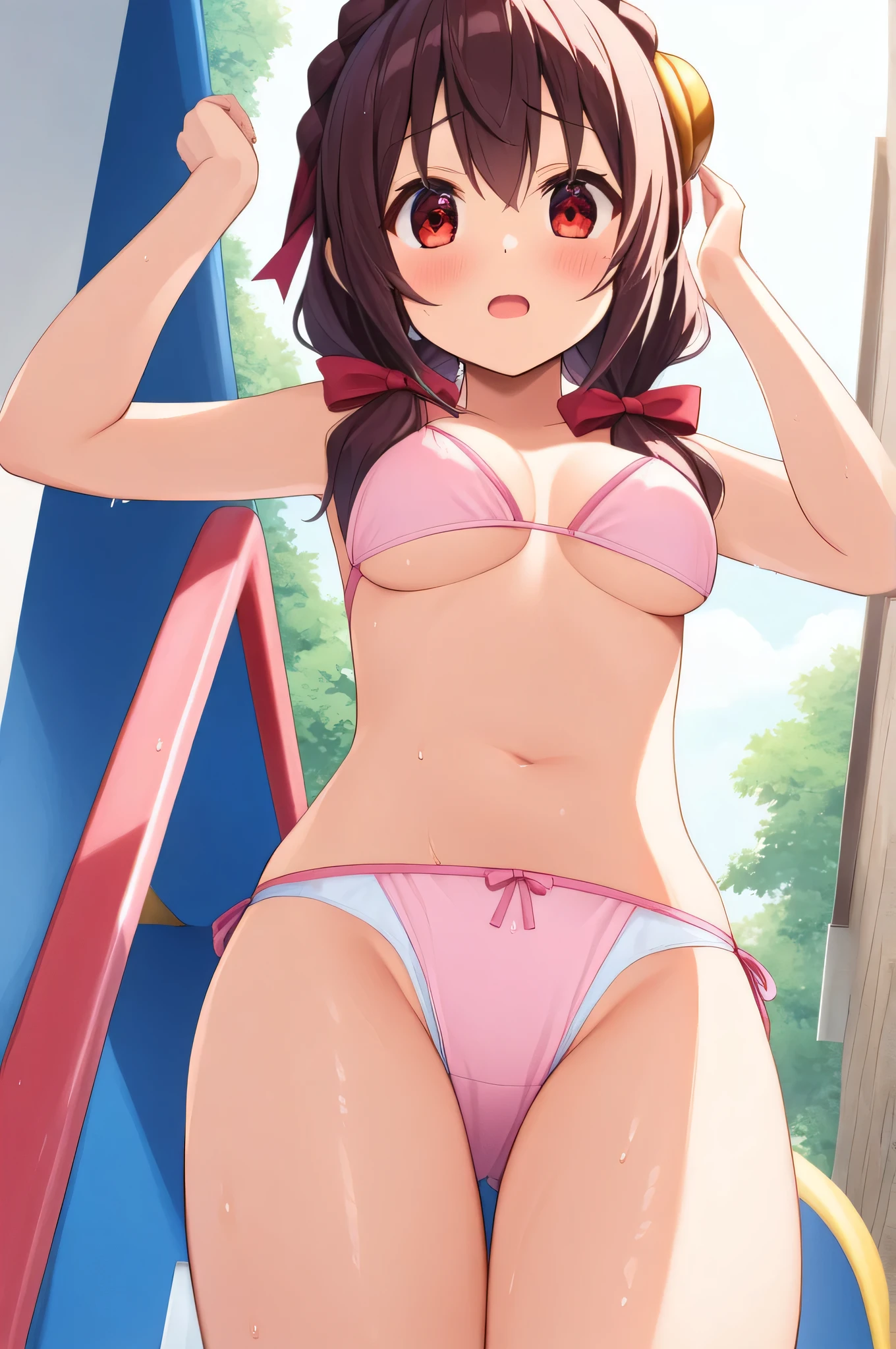 alone, One girl, Yunyun、blush , Crown braids of the same color as your hair, Red Eyes、hair ornaments, Hair Ribbon, (White and pink bikini)、Climbing the steps of the pool slide、So wet、A tense look、View from below