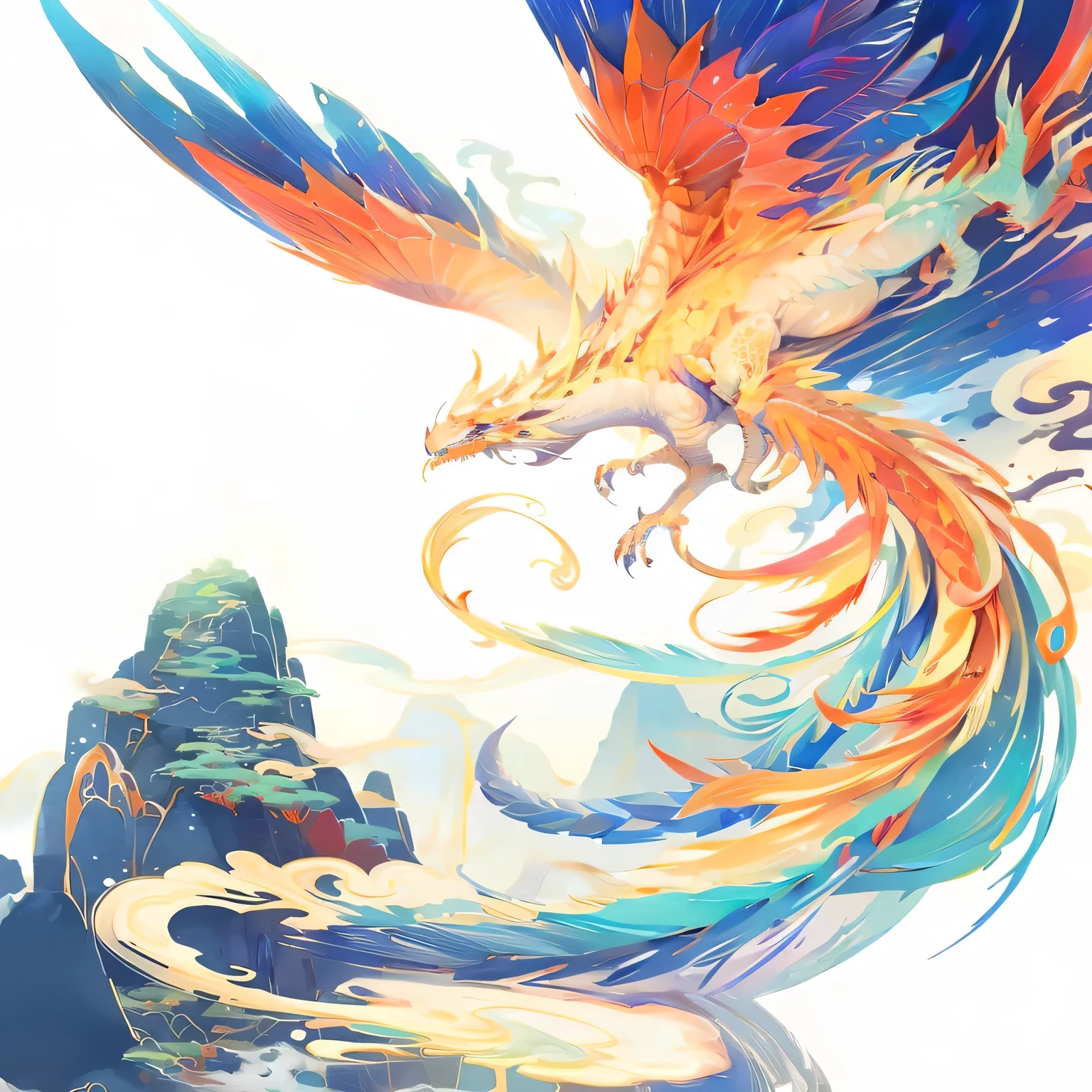 Brightly colored Chinese watercolor dragon flying over mountains with sky background, Dragon Art, Chinese ink dragon inspired, A beautiful artistic illustration, Colorful concept art