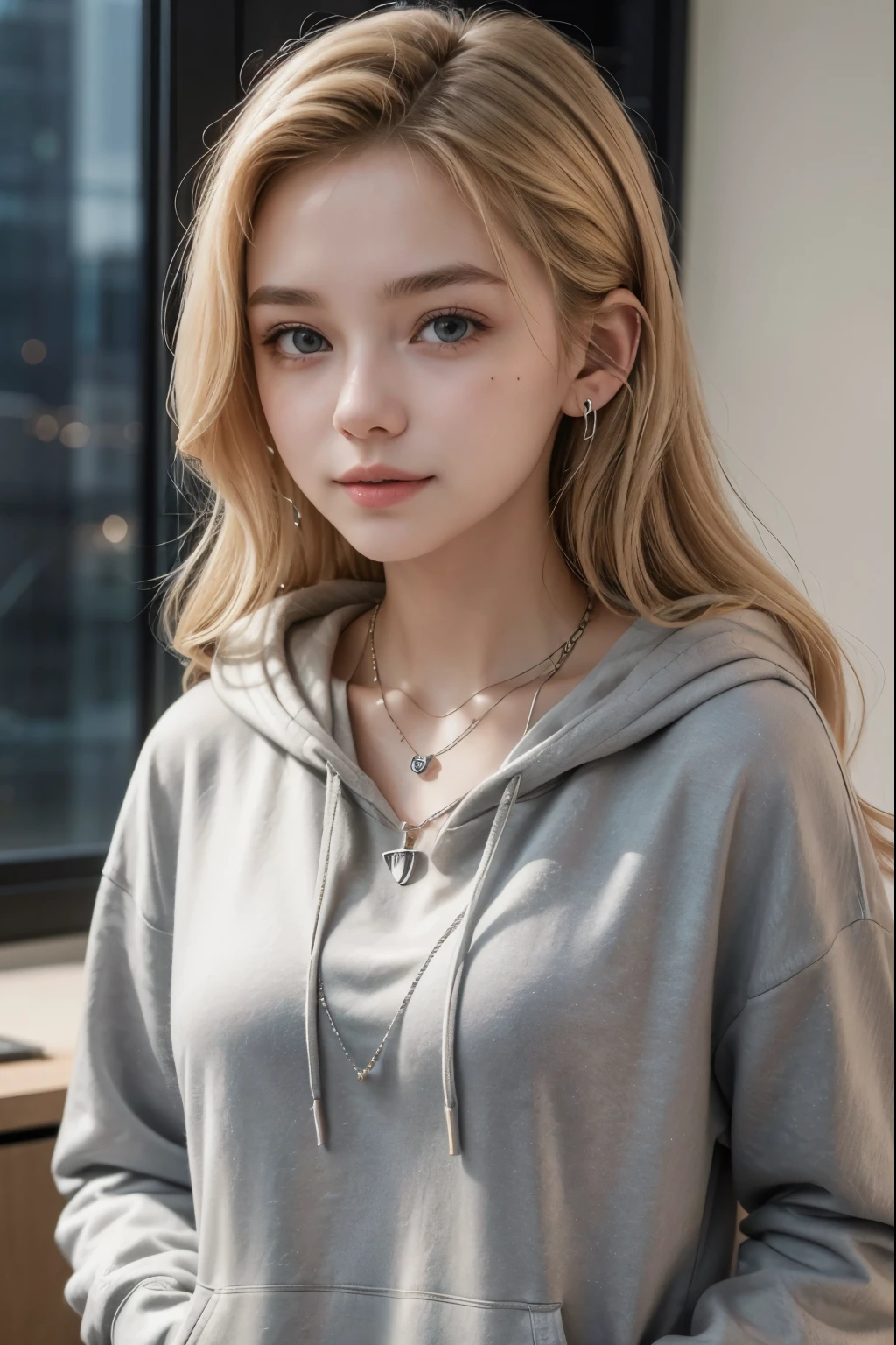 "A 17-year-old Caucasian girl with medium-length, wavy blonde hair, styled casually. She is wearing a comfortable, fitted gray hoodie with a subtle graphic of a popular gaming character on it. Her outfit is completed with dark jeans and stylish sneakers. She has a pair of wireless earbuds in, suggesting she’s listening to music or gaming content. Around her neck, she wears a delicate silver necklace with a small pendant of her favorite game logo. Her expression is one of curiosity and engagement, with a friendly smile. The background is neutral or softly blurred, keeping the focus on her and her casual, yet trendy attire."