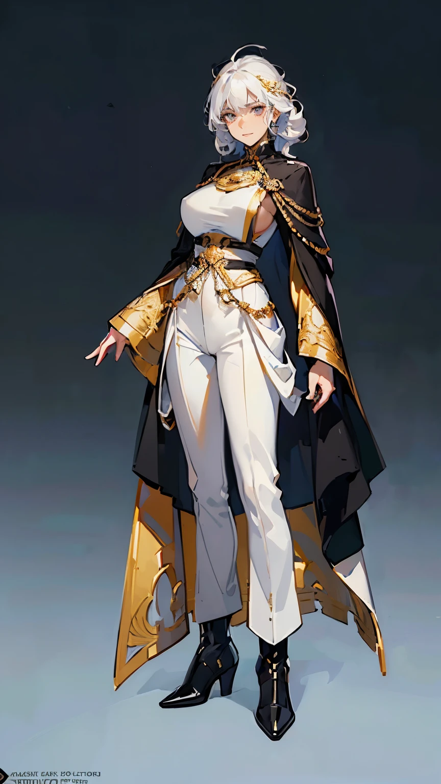 ((masterpiece,best quality,8k,highres)),((character concept art)), 1 female, old lady, Marshal, general, 175cm height, shot curly hair,(white hair colour), ultra finely detailed eyes,(gold eyes colour)(bright), extraordinary charming, confident smile, shapely breasts, perfect body shape ((muscular)), ((intricate detail)), super finely detailed hands, ultra finely detailed fingers(((ten fingers))), (fullair force general suit),(full black colour outfit), (draped huge general cloak), (black army long pants), black army boots, (standing still), (full body showcase), (show full body), (no logos on background), (no logo), ((plain background)), (((empty hands))), ((plain background)), (((empty background)))