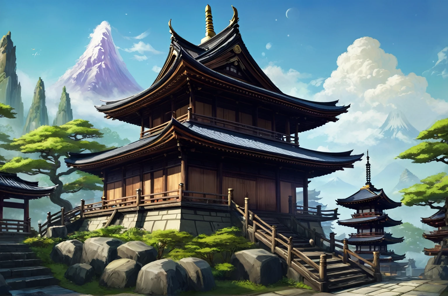 Need to create concept art for Zenkoji Temple, for MMORPG, Zenkoji Temple is a sacred place in our game, set in a Japanese setting. This place has deep spiritual significance for the gaming world, for cultural and religious events. The temple is a stone structure with features characteristic of Japanese architecture.: pagoda style roof, curved roofs, wooden posts and panels, digital painting, fantasies, fairy tale style, Fantasy, A game, сказочная A game про Японию