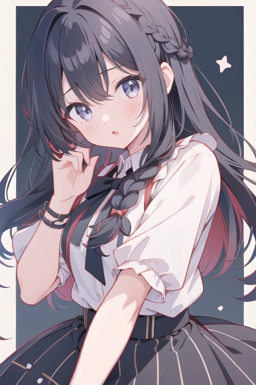 Girl with braided black hair、Checkered Skirt、The background is checkered、Stand sideways、The upper body is facing this way