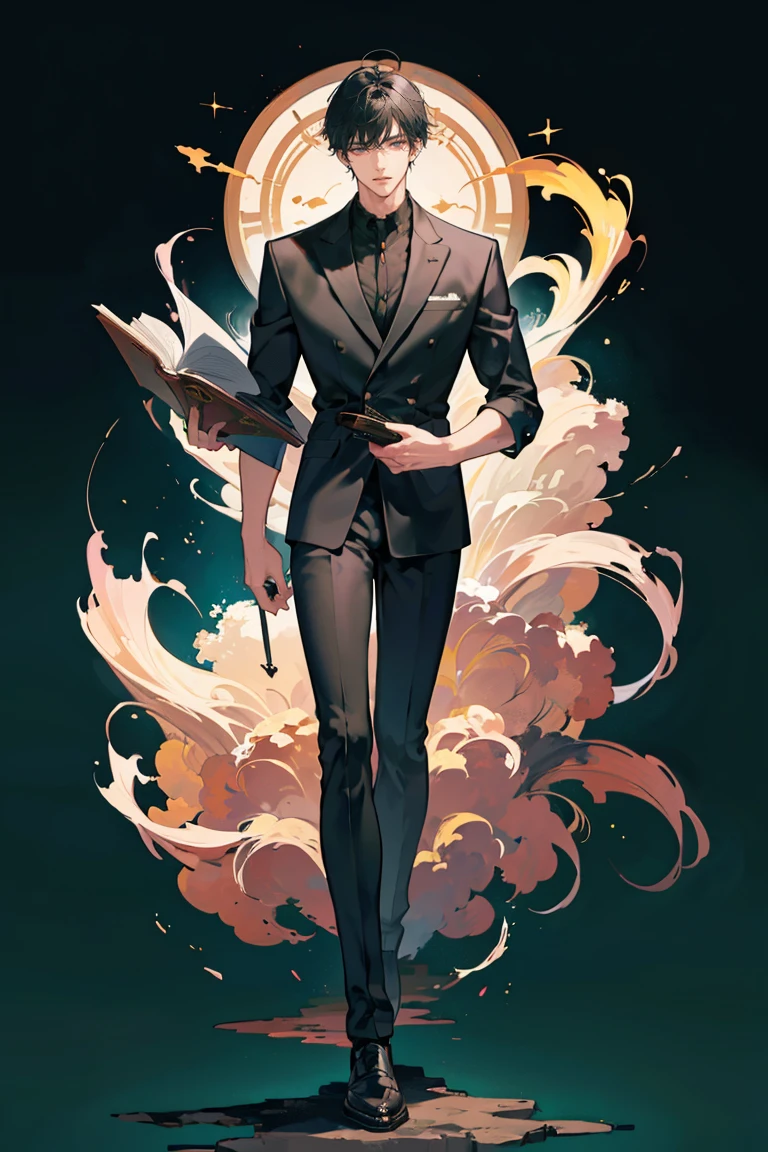 (masterpiece), best quality, seductive eyes, perfect face, handsome man, dark black eyes, messy short length black hair, brown skin, long nose, teacher uniform, full body, he's a teacher, extremely tall man, long legs, long calves, anime cover, 1boy, ear piercings, adult-like look, standing, bad boy, manhwa character, art style of guweiz, male teacher, blackboard background