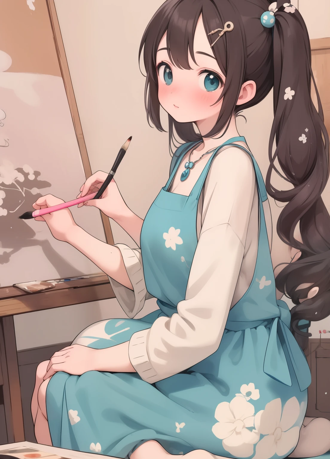 (masterpiece、Highest quality、Highest quality、Official Art、Beautiful and beautiful:1.2)、(One girl:1.3)Hatsune Miku、Twin tails,Beautiful breasts, Katsushika Hokusai,theme:"Urban Artist" background:Artist's Atelier。Camera angle:Woman with paintbrush、Capturing immersion in the creative process。She was wearing a colorful paint apron.、Immerse yourself in the art world。Decorations have been removed:Pendant necklace with paintbrush motif。