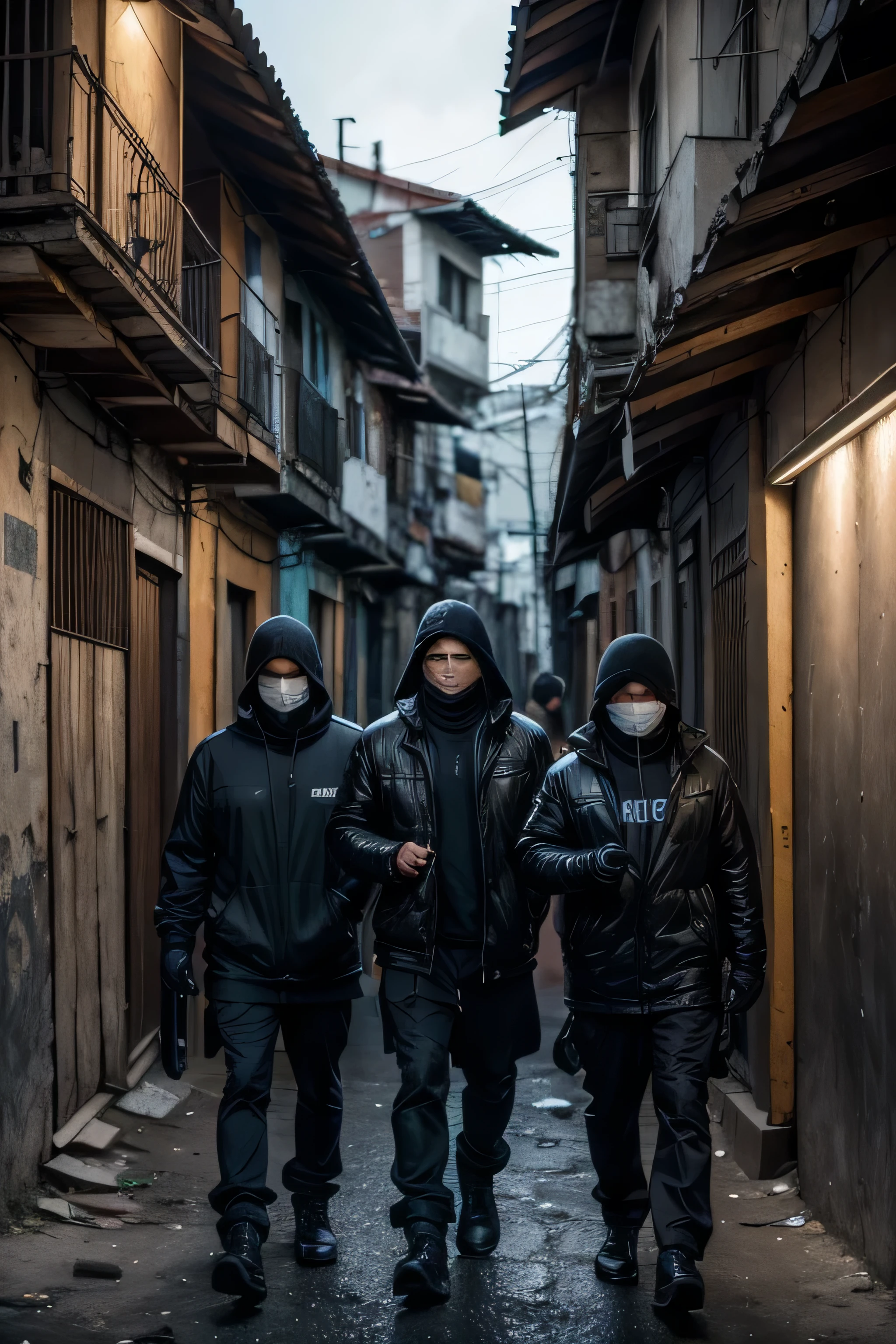 a group of 3 men wearing black balaclavas, expensive Rolex watches on their wrists, in a favela setting, high quality, photo-realistic, hyper detailed, cinematic lighting, dramatic atmosphere, gritty urban environment, striking contrast of luxury and poverty, (best quality,4k,8k,highres,masterpiece:1.2),ultra-detailed,(realistic,photorealistic,photo-realistic:1.37)