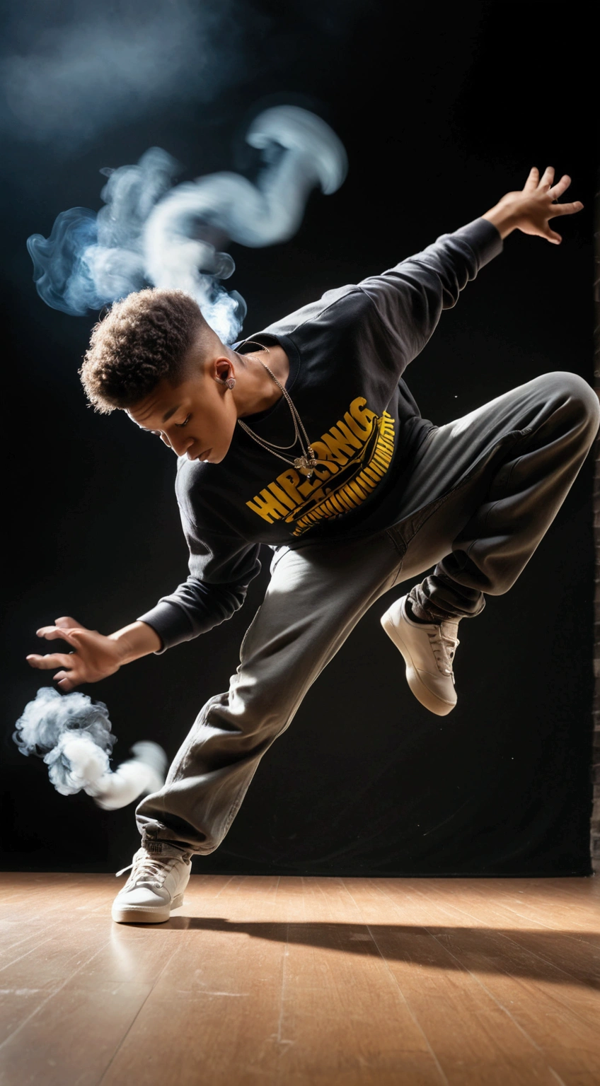 long exposure photo of a(hiphop boy doing breakdance)in motion, lower angle shot++, ground side view, blurred edges, slow shutter speed motion photography, shot on FufjiFilm XT4 camera f/2. ISO 200, spinning headstand dynamic motion, smoke trail following the movement