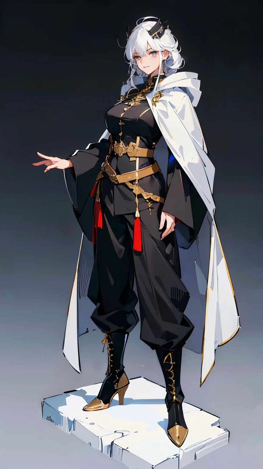 ((masterpiece,best quality,8k,highres)),((character concept art)), 1 female, old lady, Marshal, general, 175cm height, shot curly hair,(white hair colour), ultra finely detailed eyes,(gold eyes colour)(bright), extraordinary charming, confident smile, shapely breasts, perfect body shape ((muscular)), ((intricate detail)), super finely detailed hands, ultra finely detailed fingers(((ten fingers))), (fullair force general suit),(full black colour outfit), (draped huge general cloak), (black army long pants), black army boots, (standing still), (full body showcase), (show full body), (no logos on background), (no logo), ((plain background)), (((empty hands))), ((plain background)), (((empty background)))