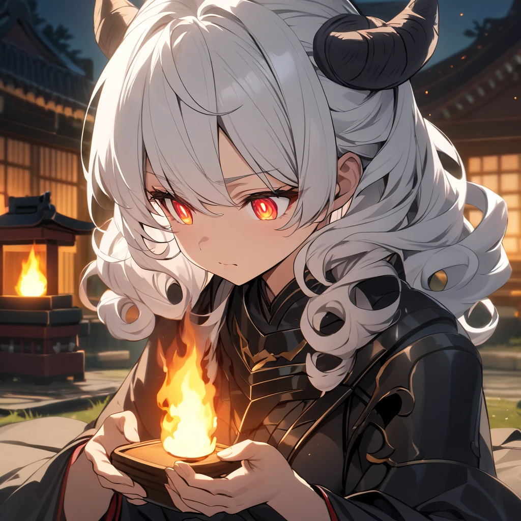 Meditation on a portable shrine Short white hair Curly hair Horns Black armor Burning eyes Night Male Top quality, 