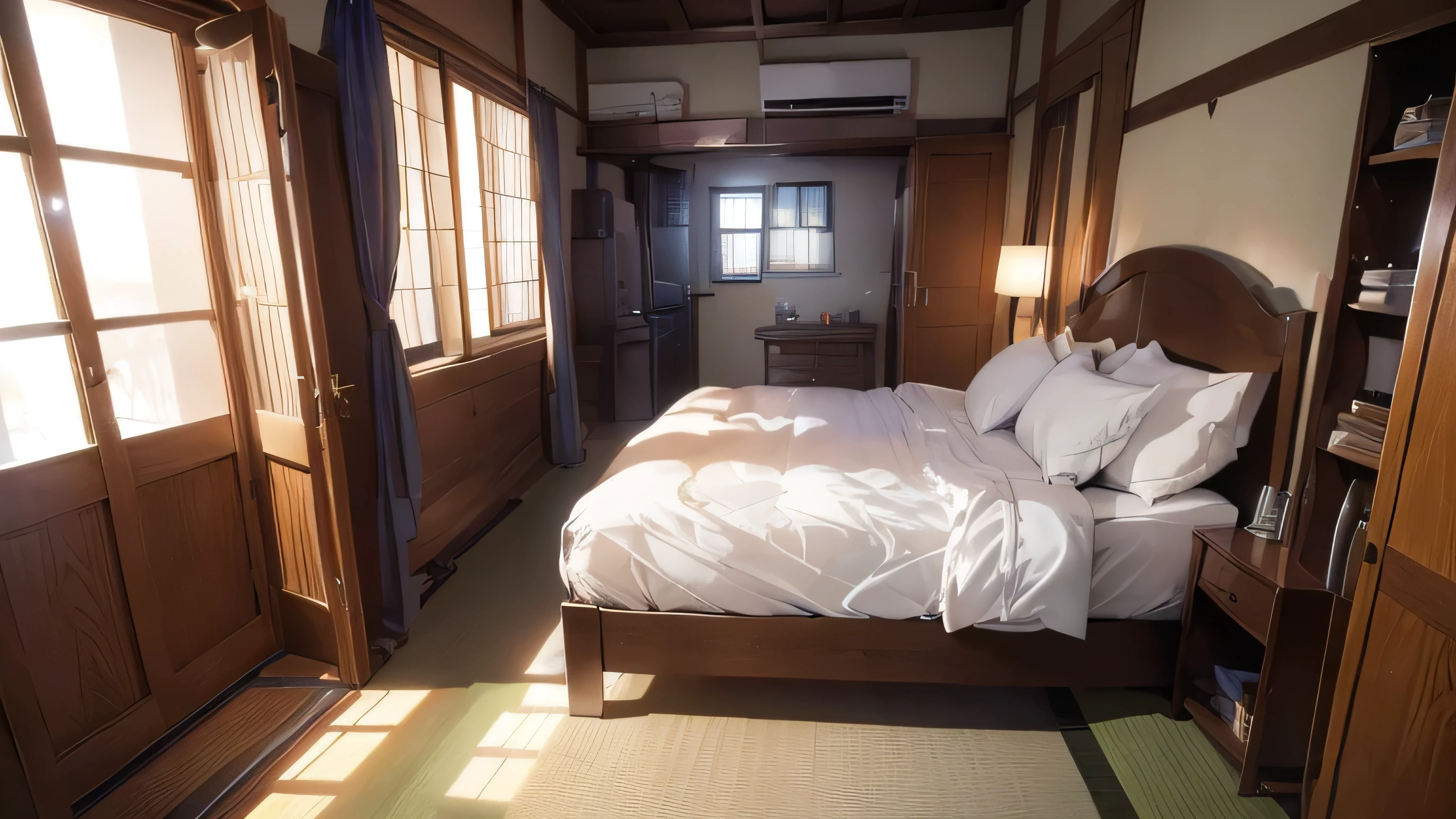 (8k, best quality, masterpiece:1.2), (realistic, photo-realistic:1.37), ultra-detailed,japanese bedroom,no character, bed side view,night,indoor,