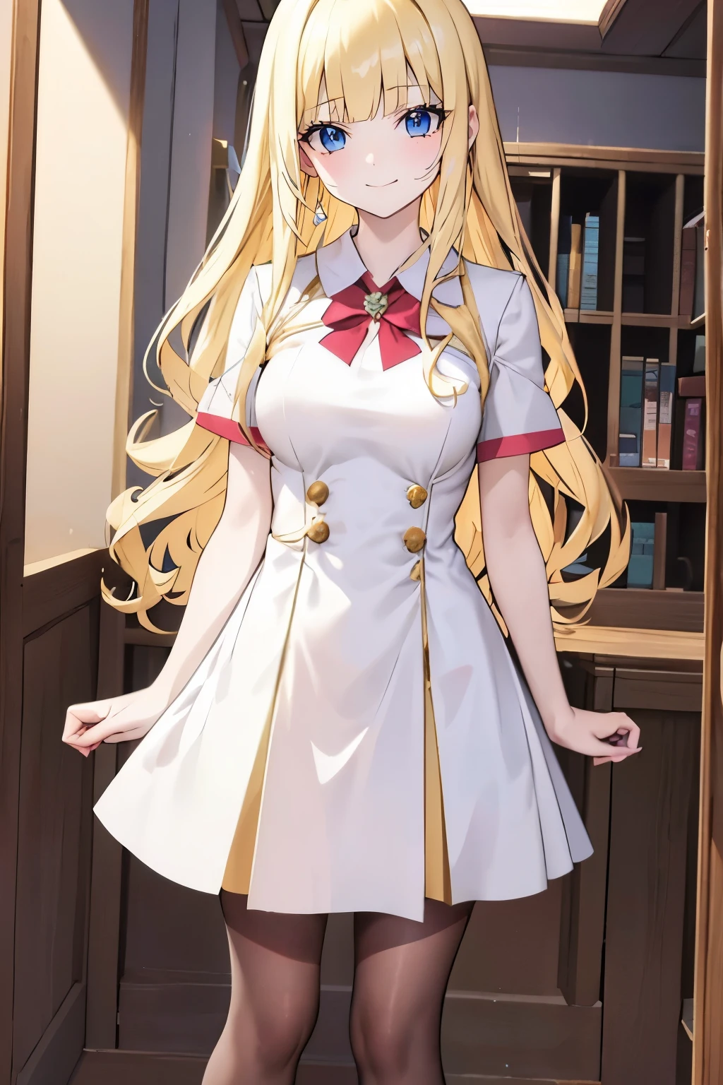 masterpiece,best quality, solo, 1 girl, female figure, yellow hair, hime cut, blunt bangs, extra long hair, crystal blue eyes, sharp detailed eyes, white pantyhose, indoors library, golden blonde hair, cowboy shot, voluminous hair, wavy hair, cute girl, (medium small breasts), (young female body: 1.4), lapel dress, long red lapel dress, old fashioned dark red lapel dress, pantyhose, l4p3ldr3ss, short sleeves, 