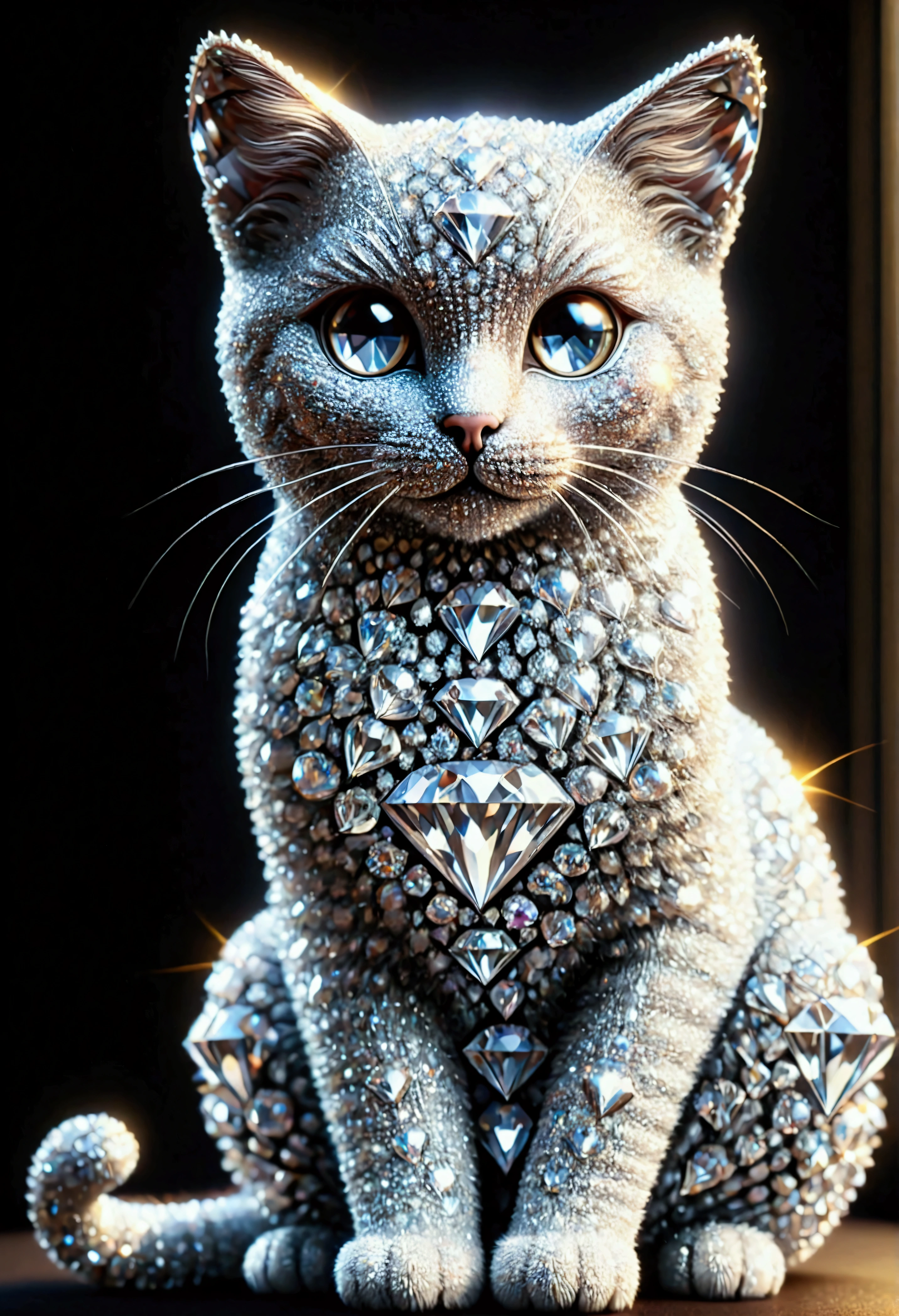 Cat made of diamonds, all made of diamonds, diamondMW, countless diamonds, best quality, (masterpiece:1.2), high quality, Highres, (hyper detailed), photorealistic, cute,