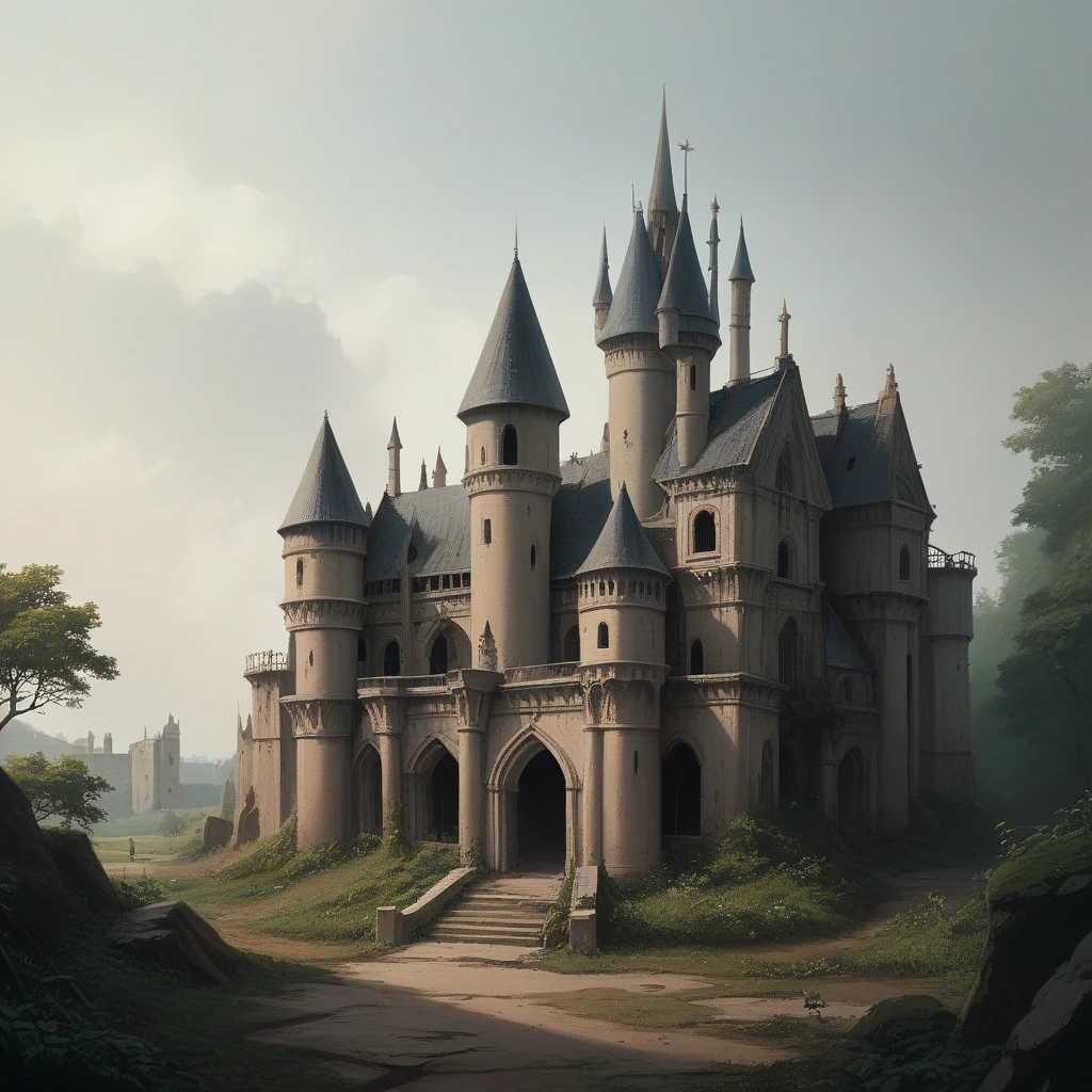 A knight sits against the backdrop of a huge abandoned castle